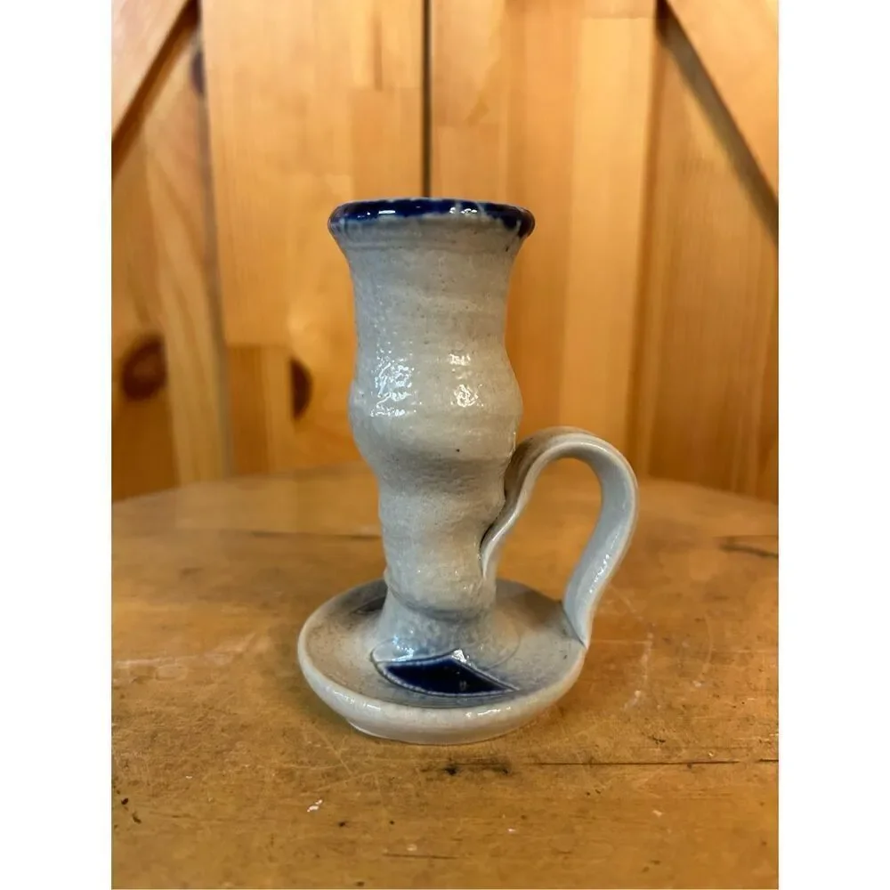 Salt Glaze Pottery Chamberstick Candle Holder with Cobalt (8186)